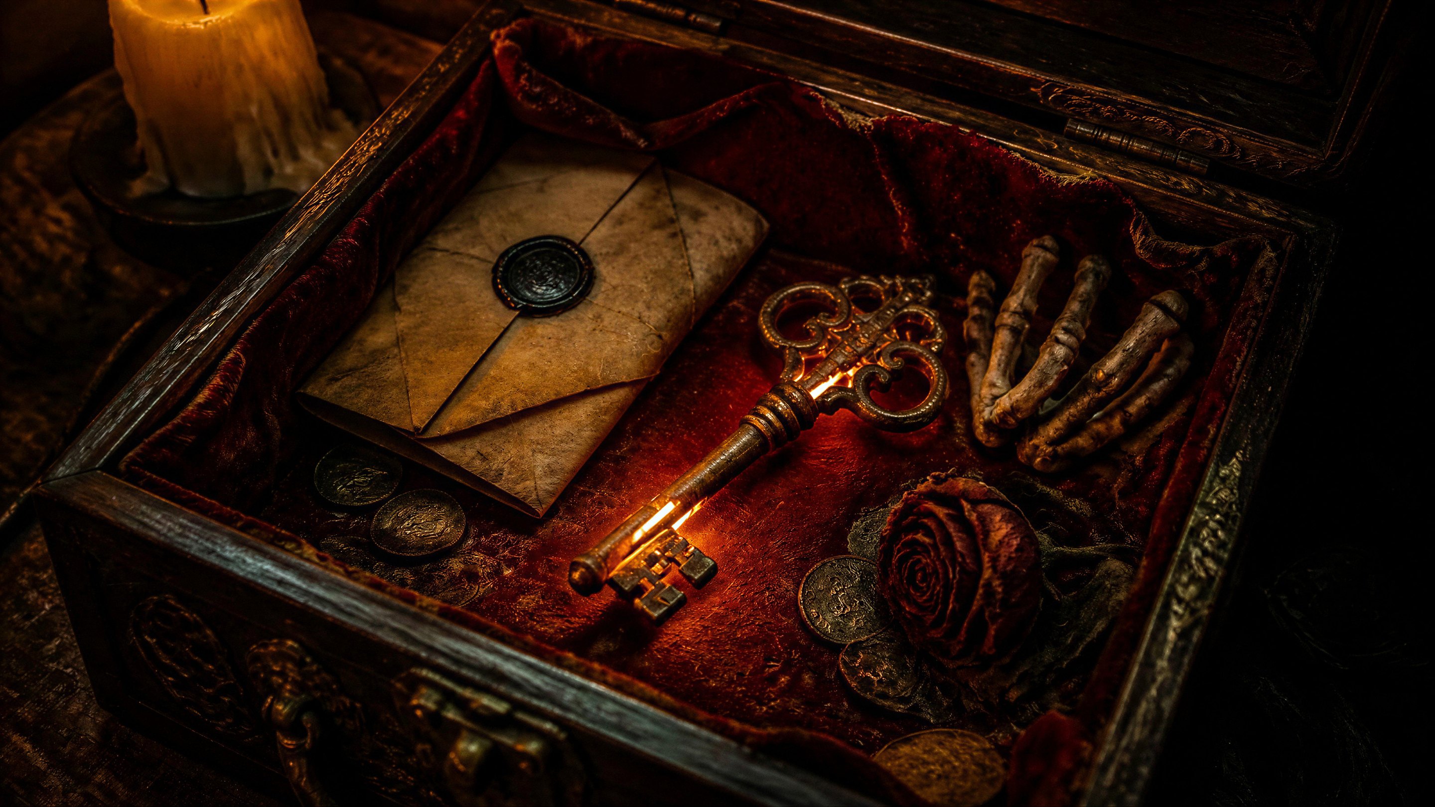 Inside the chest: a sealed letter, an iron key, finger bones and old coins