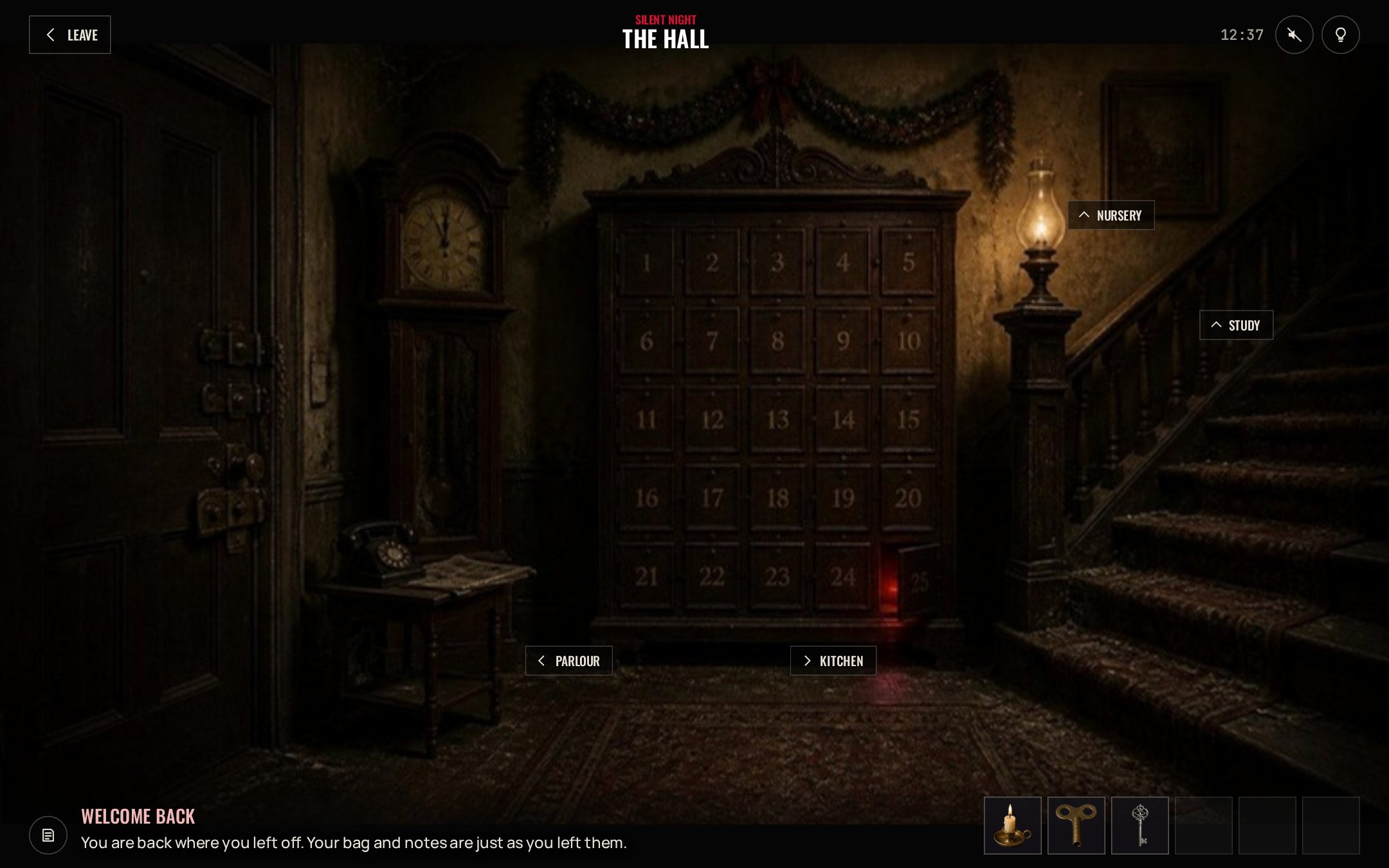 The game screen in Silent Night, in the hall of Holloway House