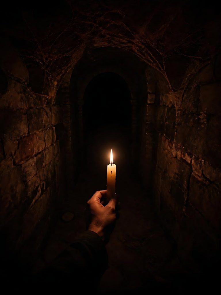 A hand holding a candle out into a pitch black passage