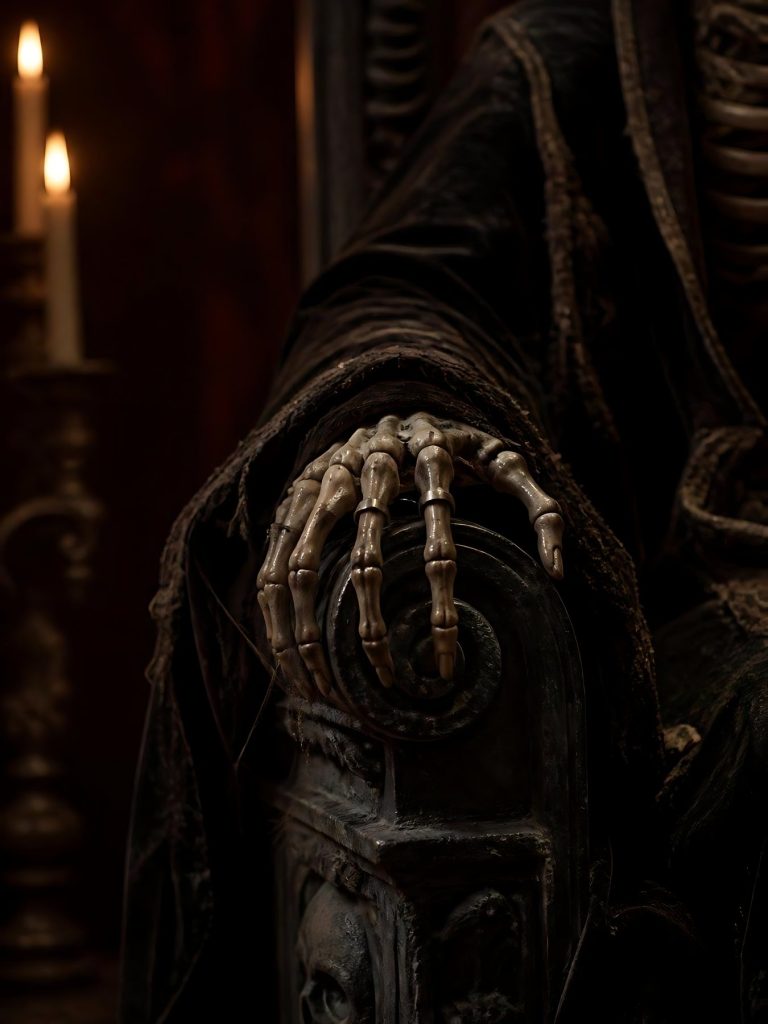 A skeletal hand gripping the arm of a stone throne