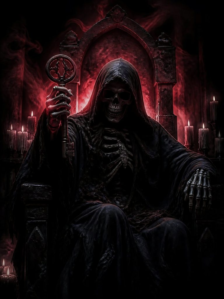 Hooded skeleton on a throne holding an iron key