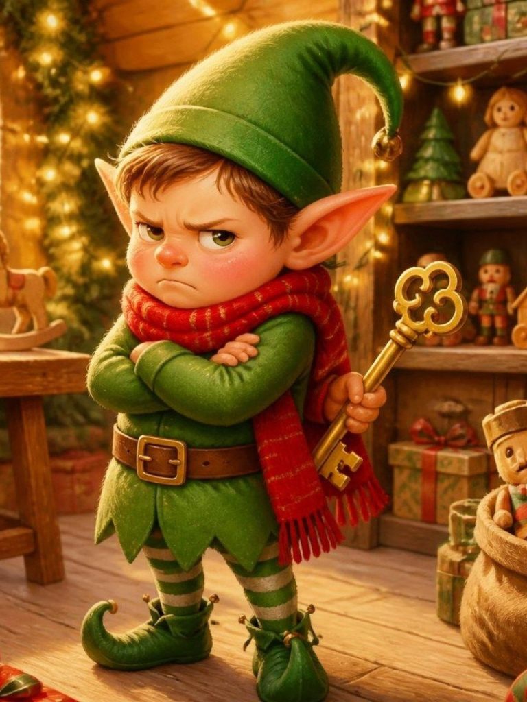 Grumble the elf in Santa's workshop, arms folded, holding the workshop key
