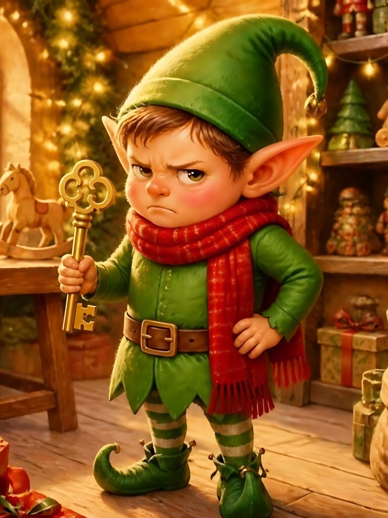 Grumble the elf in Santa's workshop, holding the workshop key