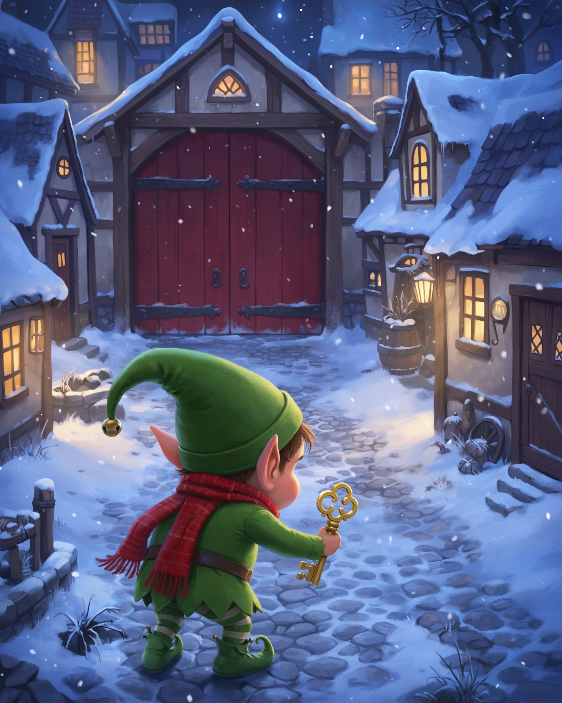 Grumble creeping away from the locked workshop door with the golden key