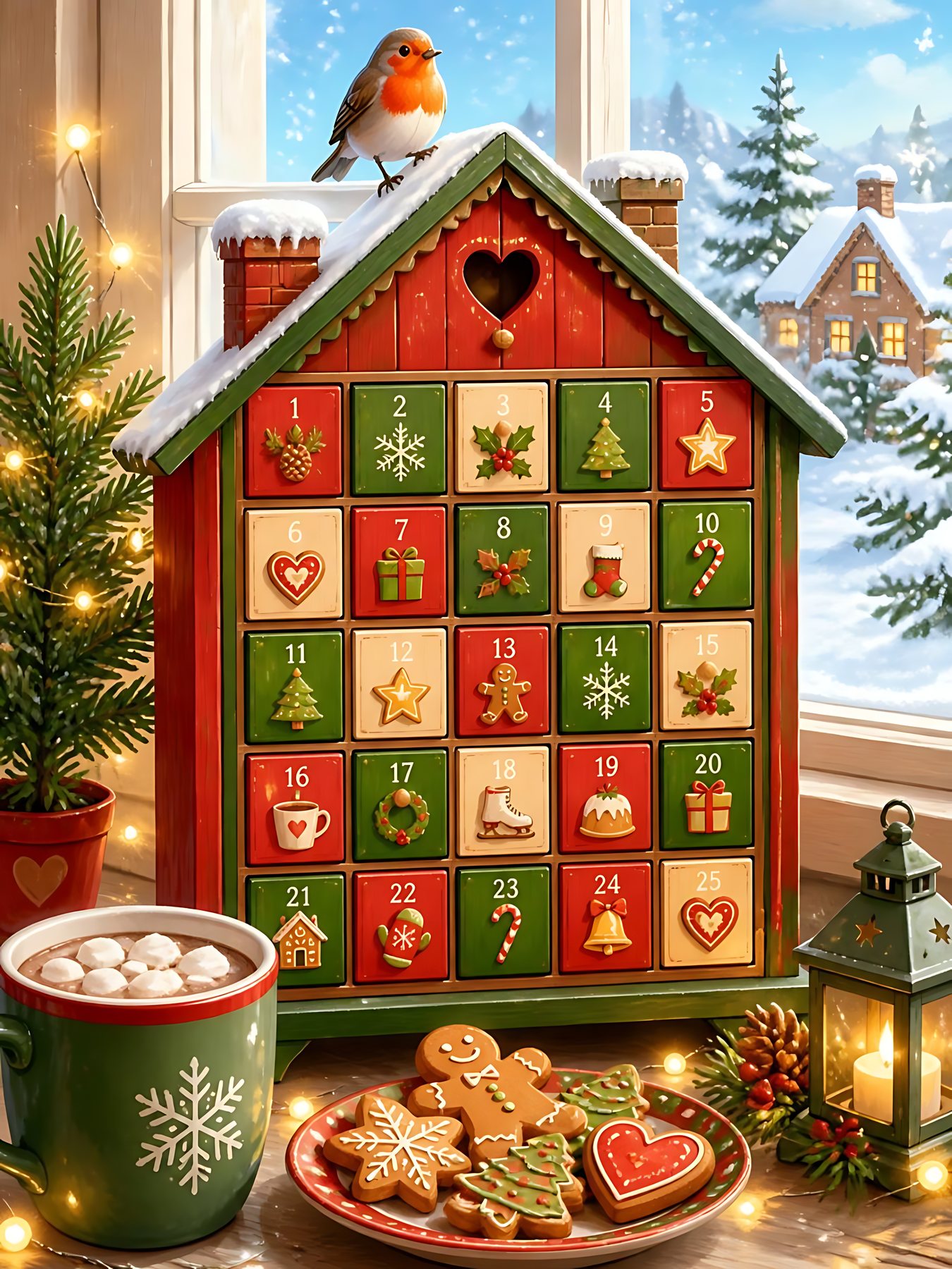 Antique advent calendar cabinet with one door glowing red