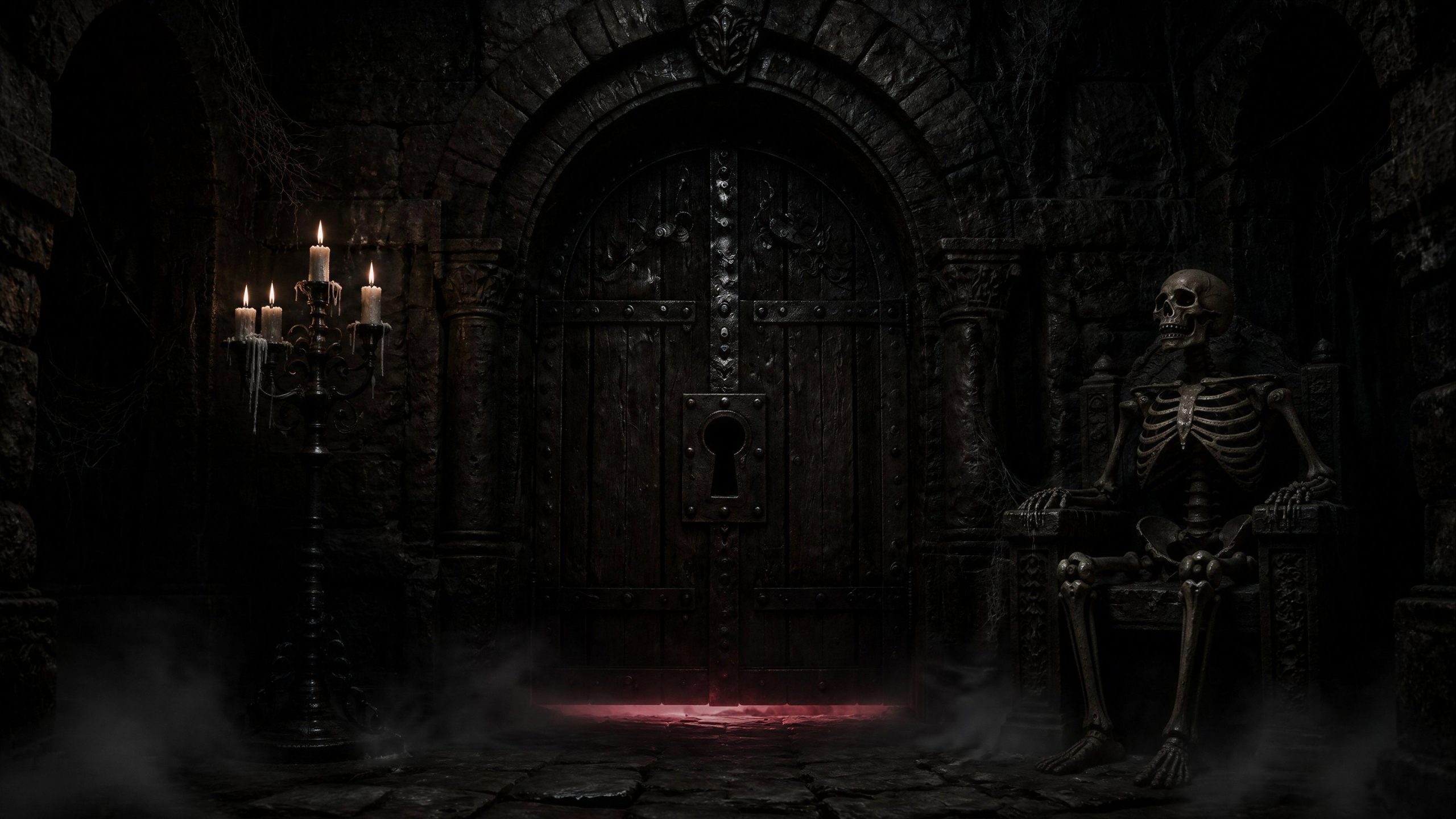 Crypt door beside a skeleton on a stone throne