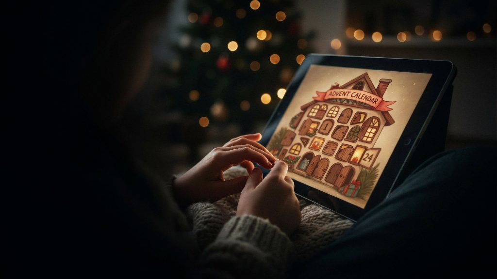 A child holding a tablet showing a glowing advent calendar on a dark Christmas evening