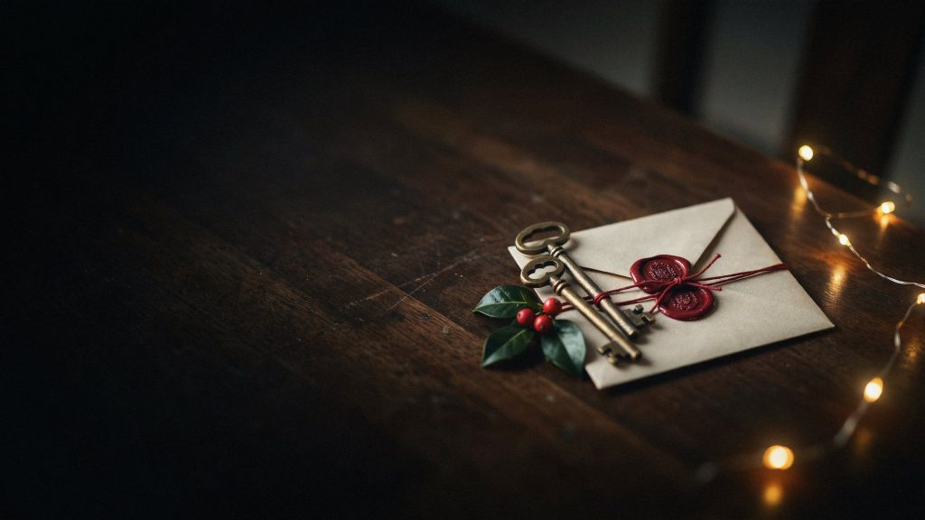 A sealed Christmas envelope with an old brass key tied under red string