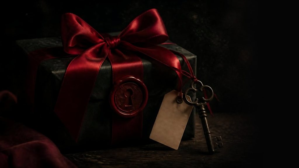 A black gift box tied with a red ribbon, sealed with wax, an old key on a tag