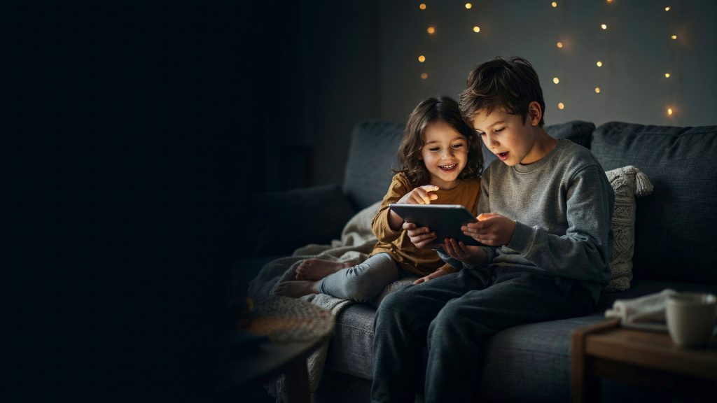 Two children on a sofa pointing excitedly at a glowing tablet
