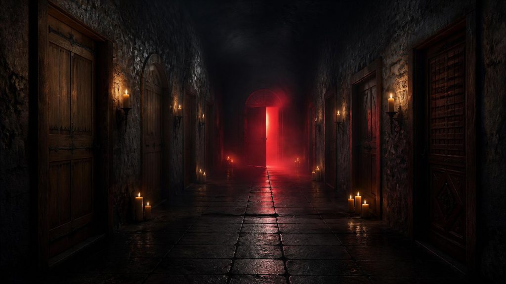 A dark corridor of doors with one glowing red