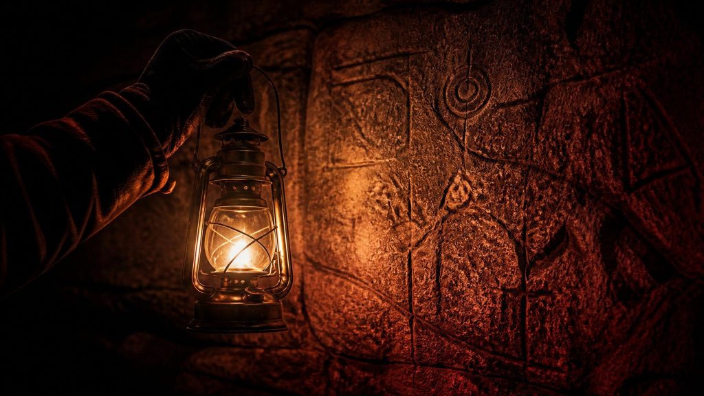 A lantern held up to symbols carved into a stone wall