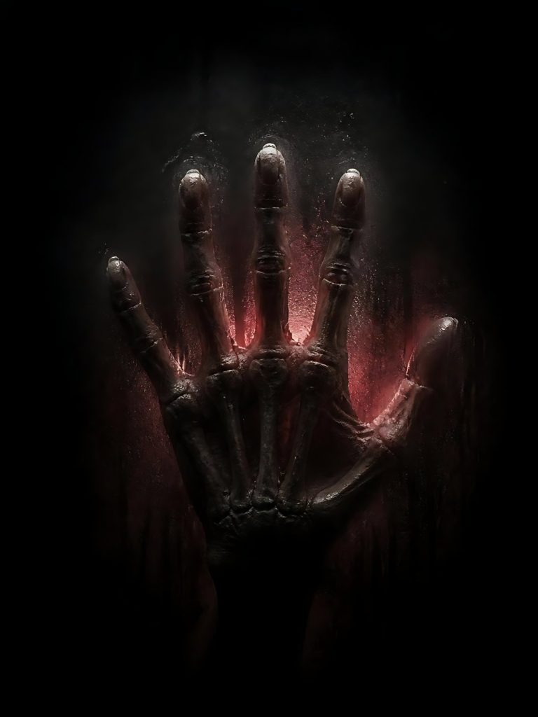 A skeletal hand pressed against dark glass
