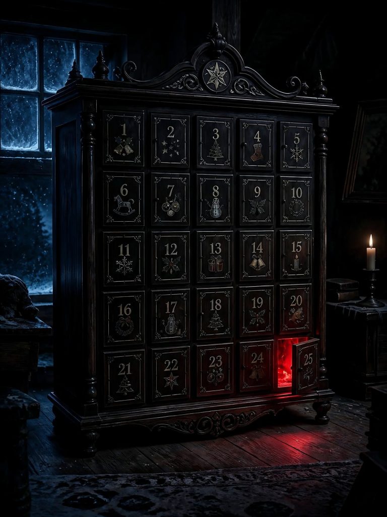 A dark attic advent calendar with one door glowing red