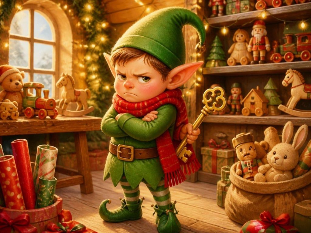 Grumble the elf, arms folded, hiding a golden key