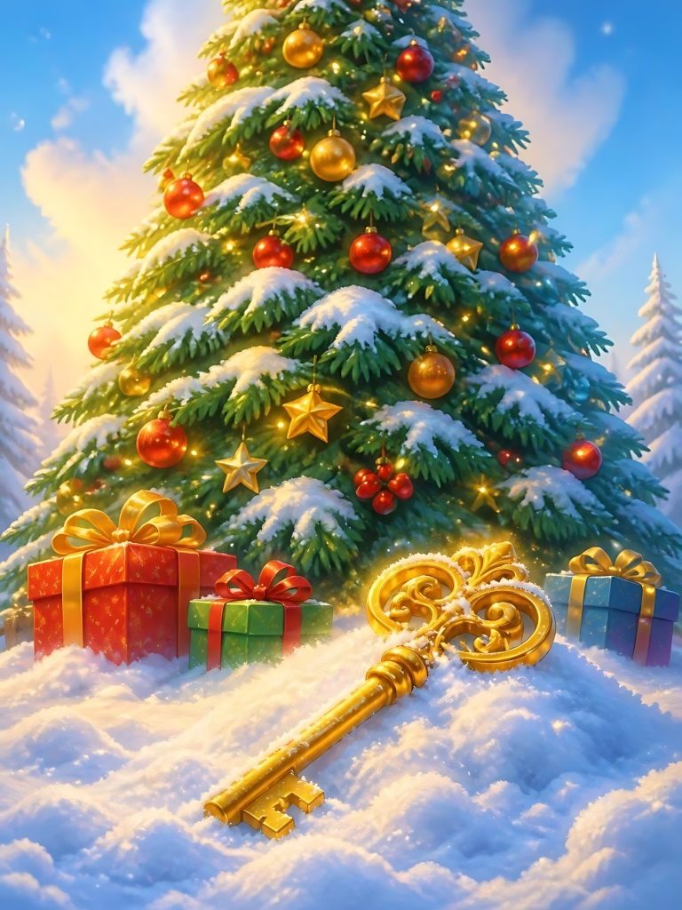 A golden key in the snow under a tall Christmas tree