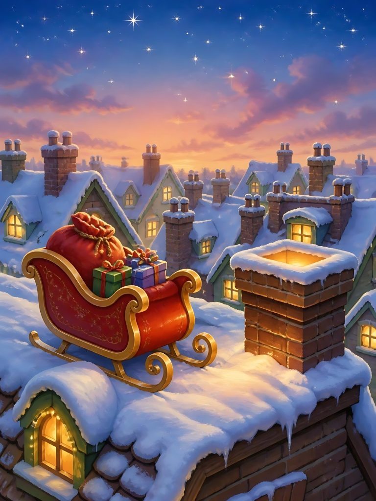 A red sleigh on snowy rooftops